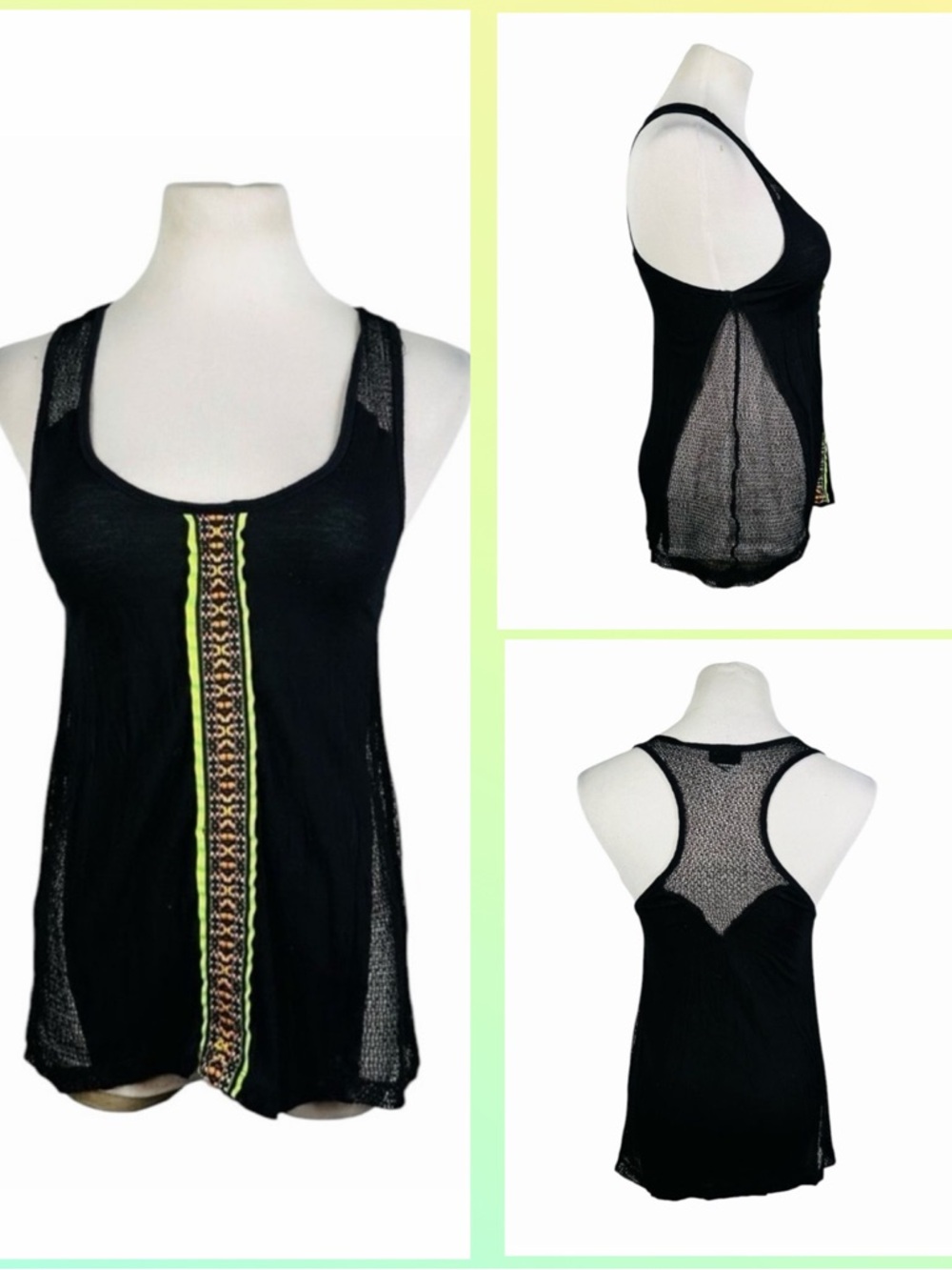 10/$25🦋 Rue 21 Black & Lime Green Mesh Side Racerback Tank - Size Medium